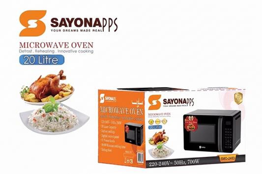 Sayona microwave oven packaging with a roasted chicken and rice dish on a white background