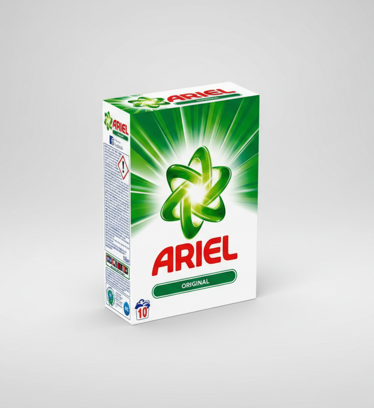 Ariel laundry detergent packaging on a white background