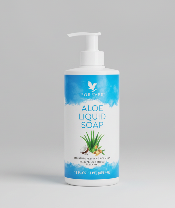 Aloe liquid soap bottle on a wooden coaster with a blurred background