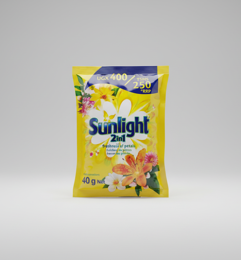 Sunlight 2in1 detergent packet with floral design on a white background