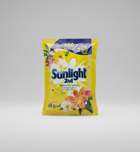 Sunlight 2in1 detergent packet with floral design on a white background