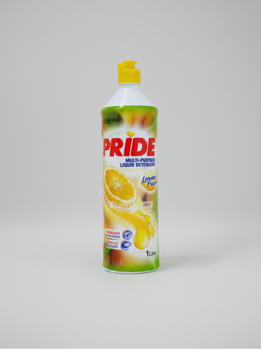 Bottle of Pride multi-purpose liquid detergent with lemon flavor on a white background