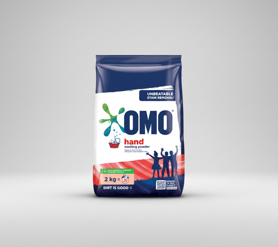 OMO hand washing powder packaging on a white background