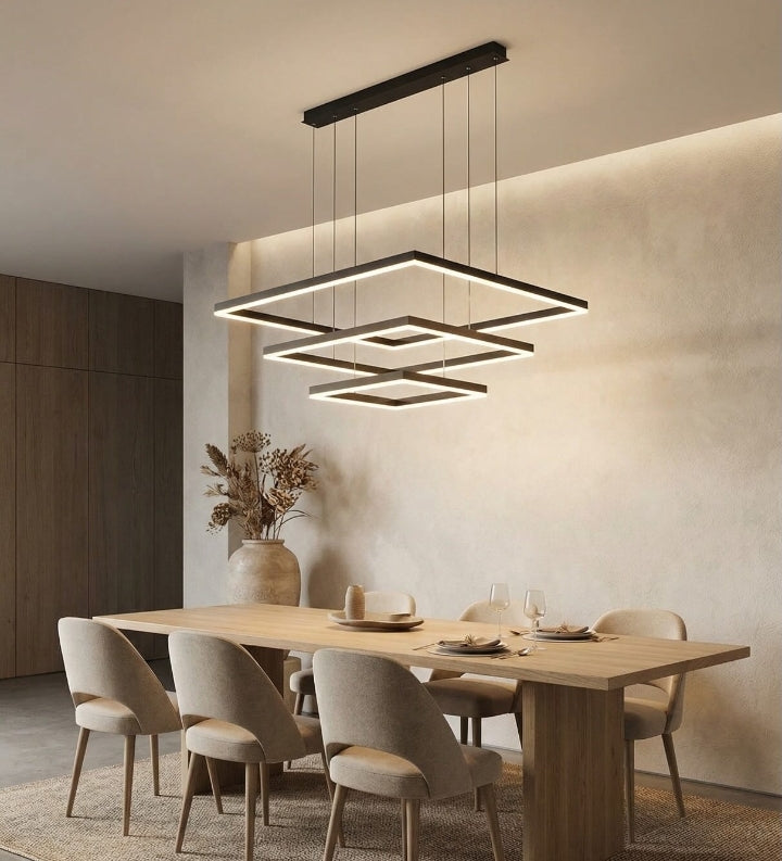 Modern dining room with a stylish pendant light fixture.