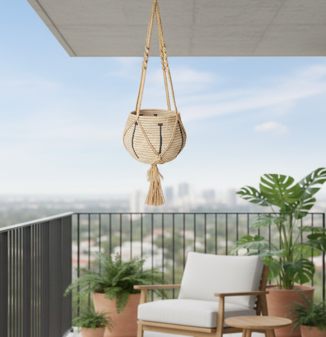 Macrame plant hanger with a plant on a balcony with a cityscape view.