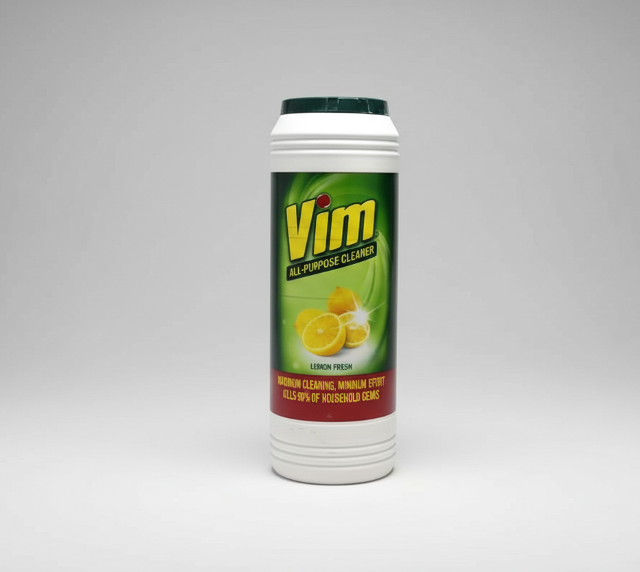 Vim all-purpose cleaner bottle with green label on a white background