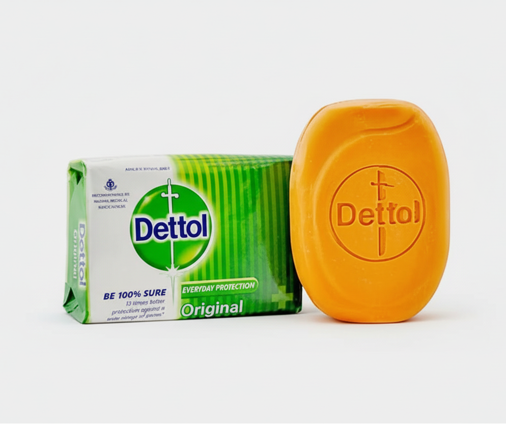 Dettol soap bar and packaging on a white background