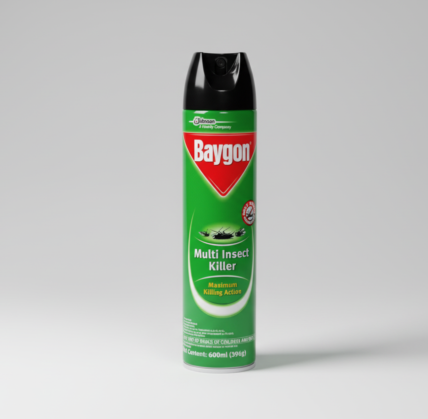 Baygon multi insect killer spray can on a white background