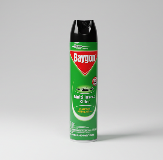 Baygon multi insect killer spray can on a white background