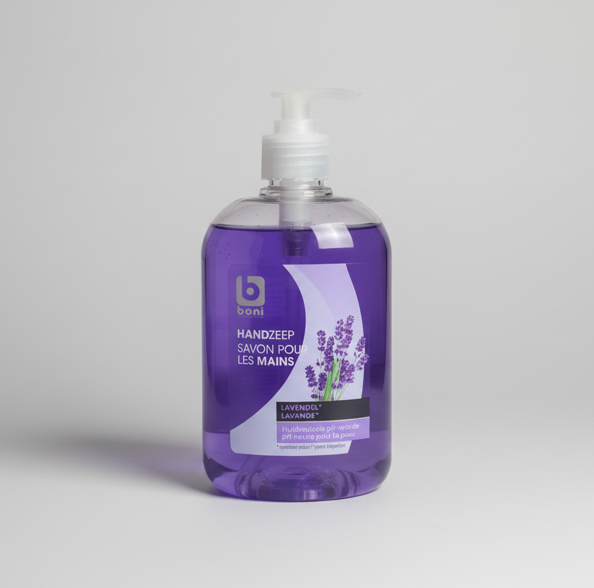 Purple bottle of hand soap with a pump dispenser on a white background