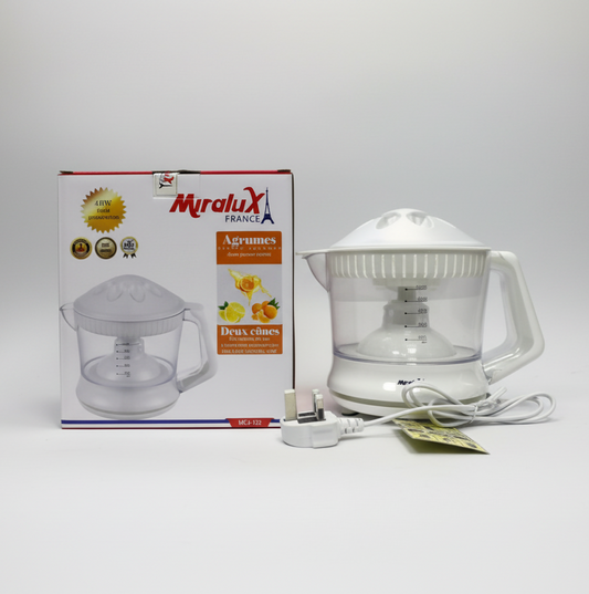 Miralux electric juicer with packaging on a white background