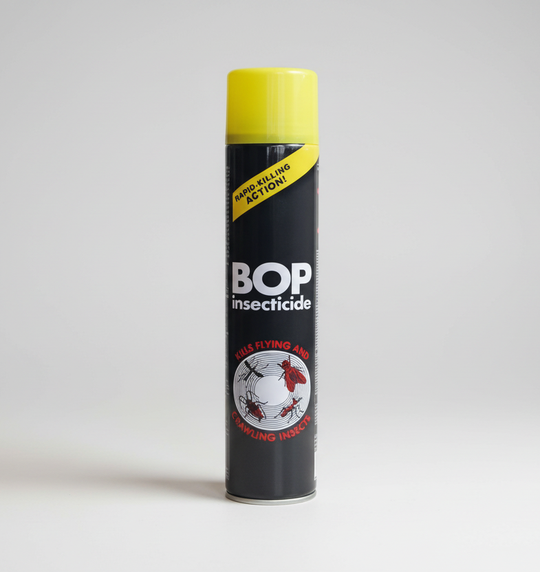 BOP insecticide spray can on a white background