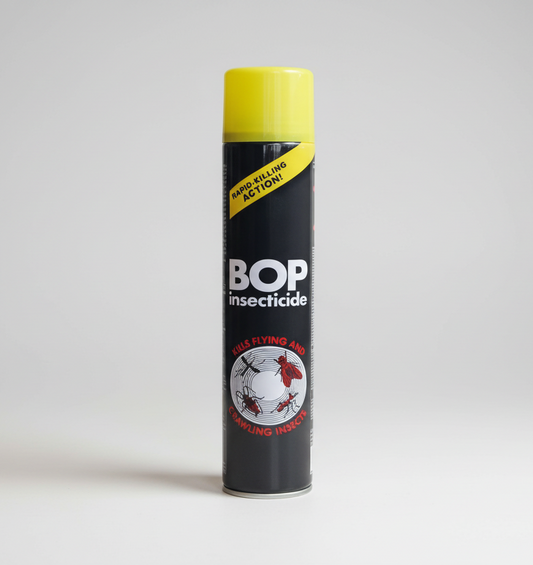BOP insecticide spray can on a white background