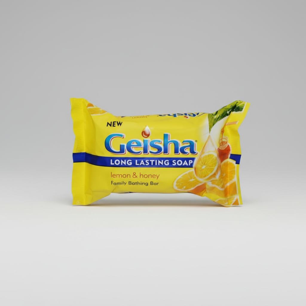Geisha lemon & honey soap bar packaging on a white background