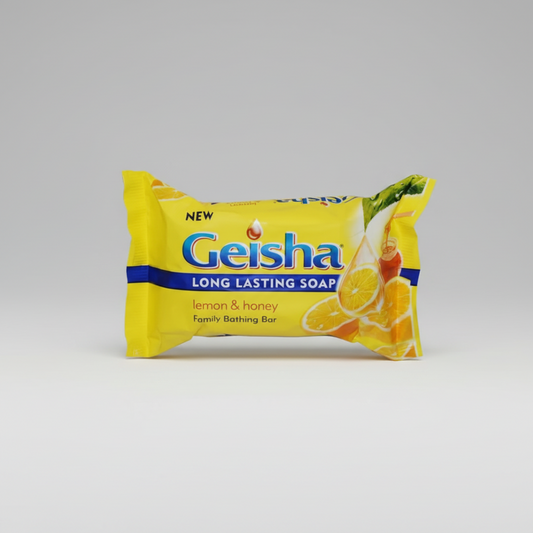 Geisha lemon & honey soap bar packaging on a white background