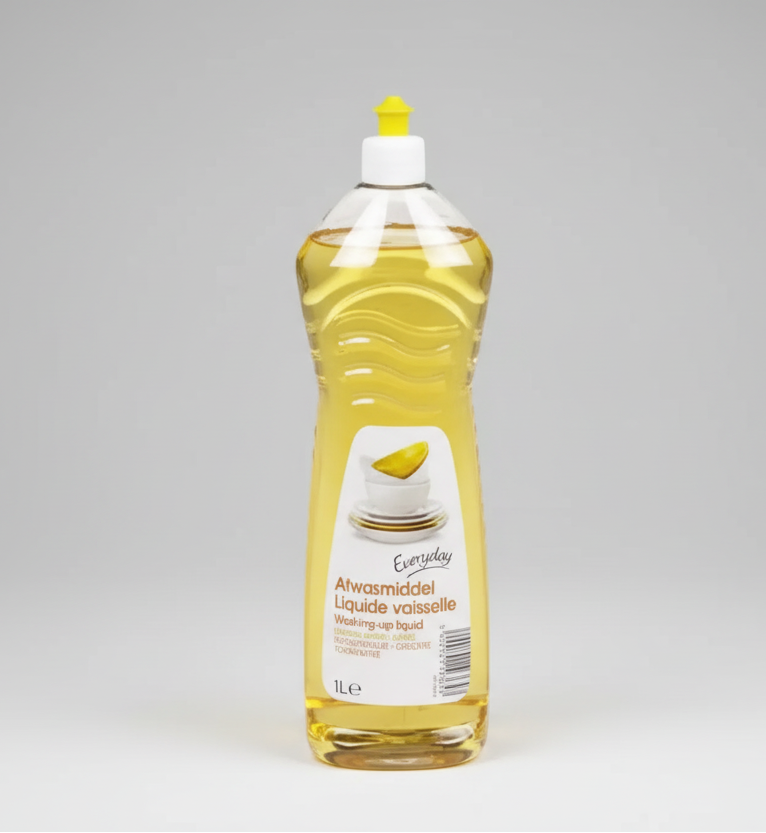 Bottle of washing-up liquid with a yellow cap on a white background