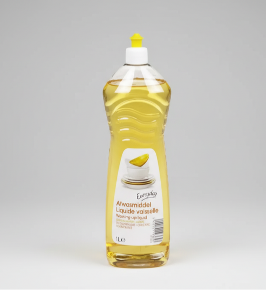 Bottle of washing-up liquid with a yellow cap on a white background