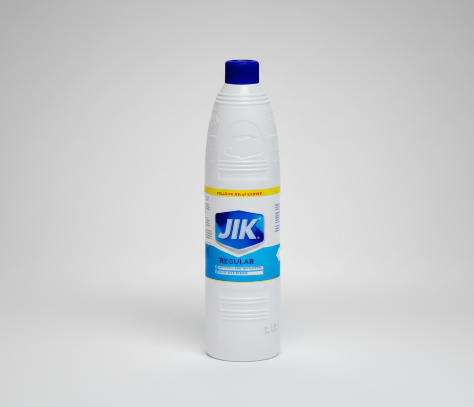 White bottle with blue cap and JIK label on a white background