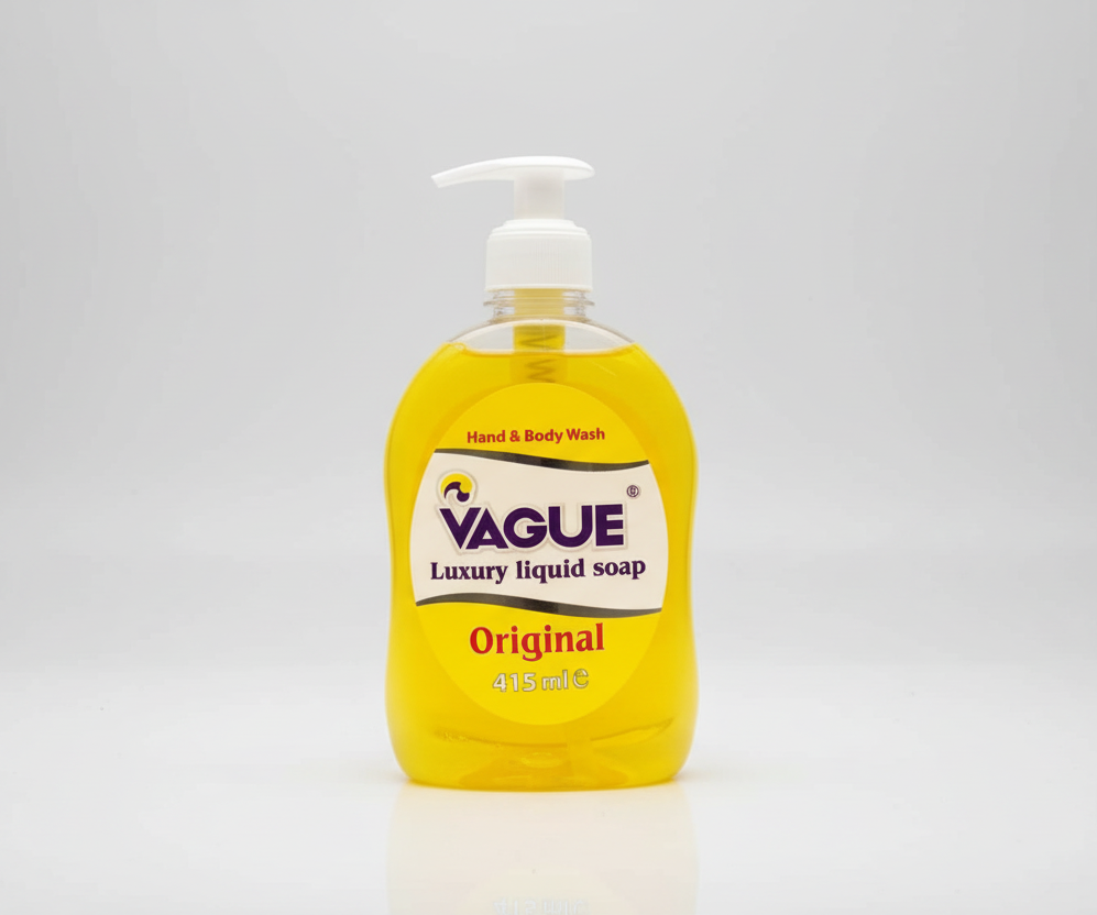 Yellow bottle of Vague luxury liquid soap on a white background