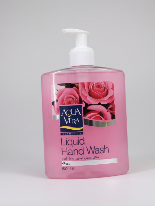 Pink bottle of Aqua Viva Liquid Hand Wash with rose design on a white background