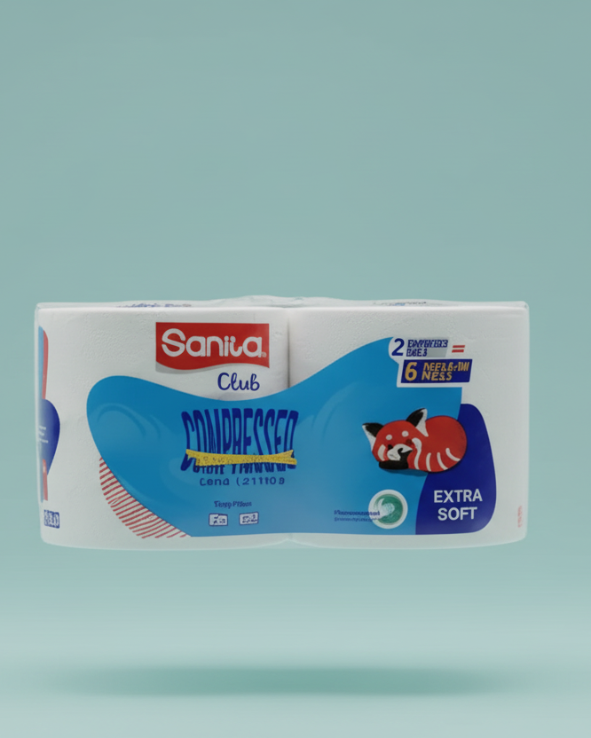 Pack of Sanita Club toilet paper on a gray background