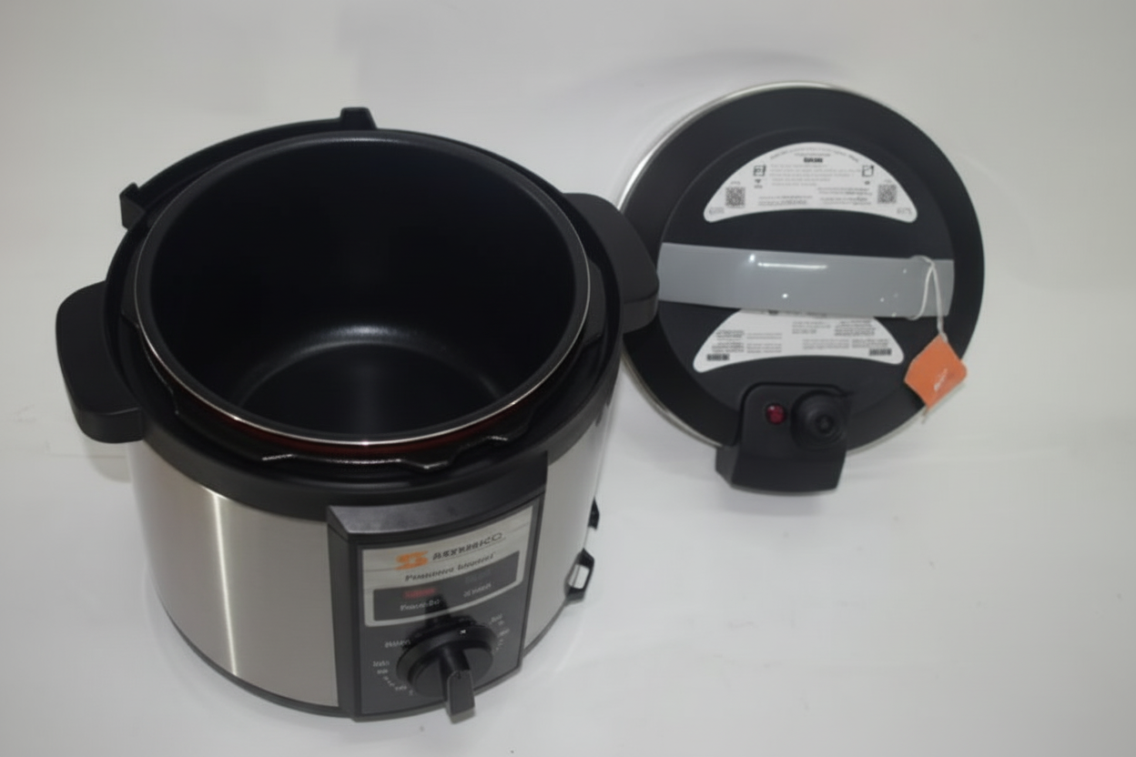 Pressure cooker with lid on a white background
