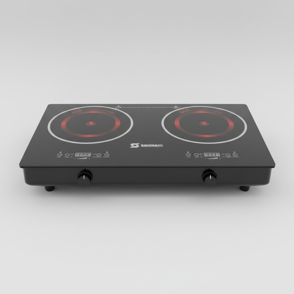 Double electric stove with red heating elements on a tiled floor