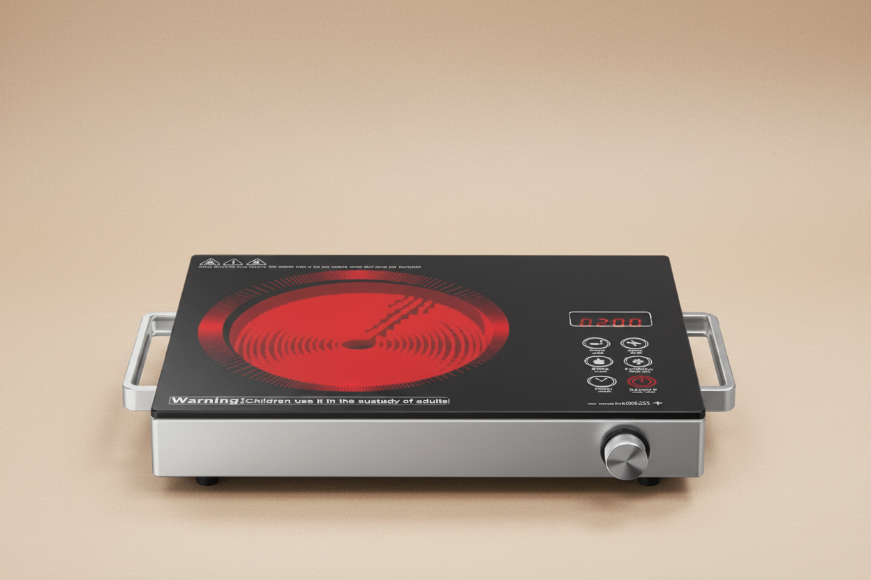 Portable electric hot plate with red heating element on a white background
