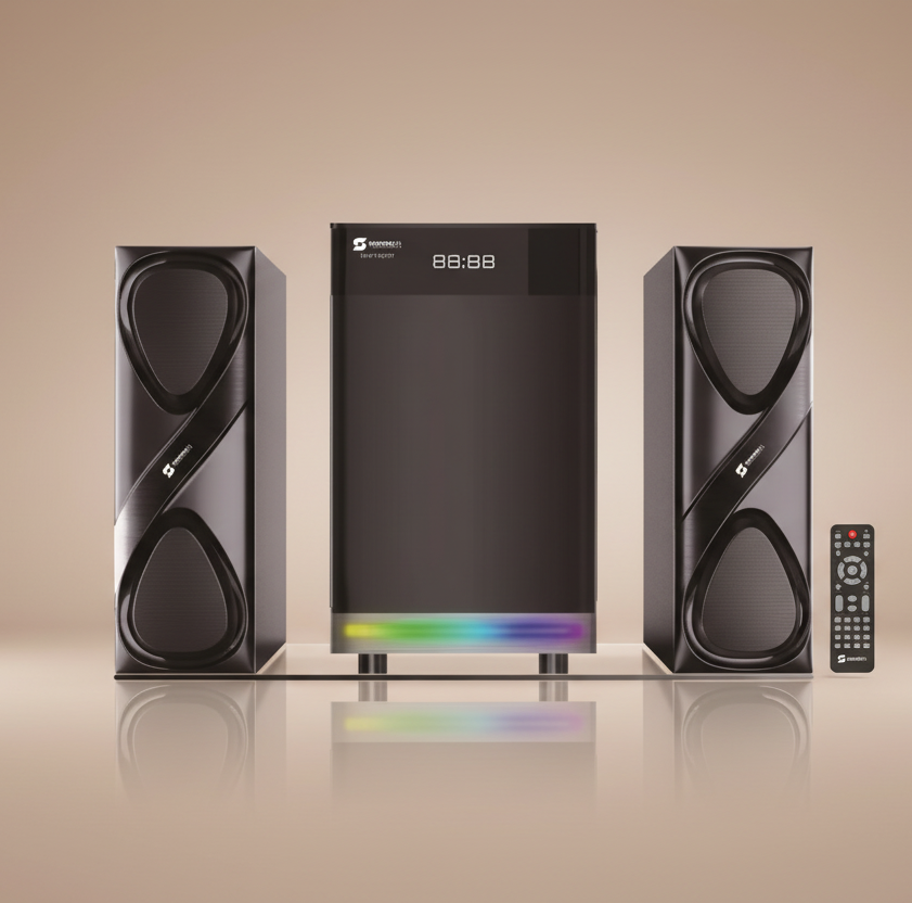 Black speaker system with RGB lighting on a white background