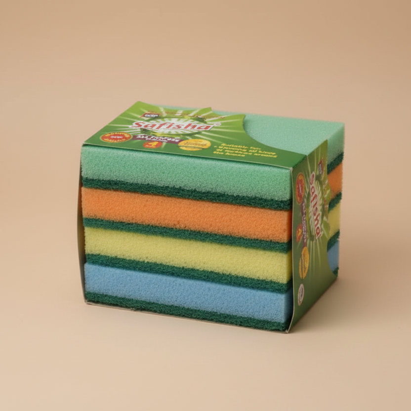 Pack of Safisha all-purpose cleaning sponges with green packaging on a white background
