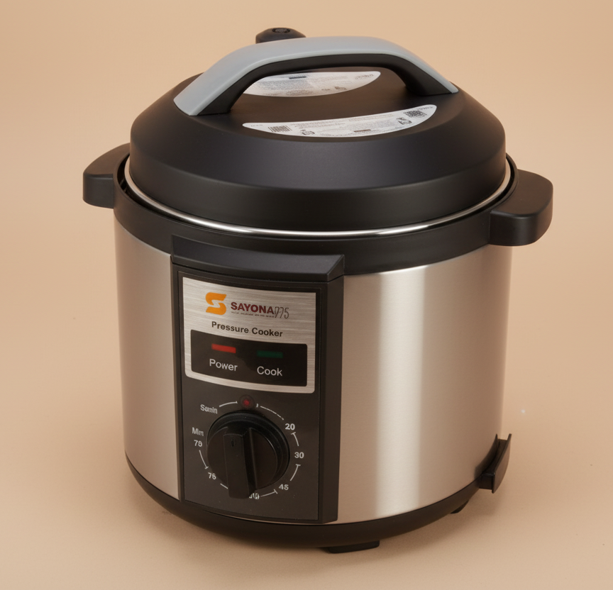 Pressure cooker with a visible brand label on a white background
