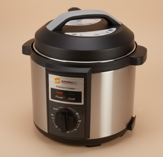 Pressure cooker with a visible brand label on a white background