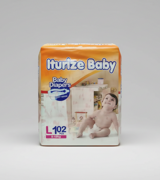 Iturize Baby baby diapers packaging with a child wearing a diaper in a room setting.