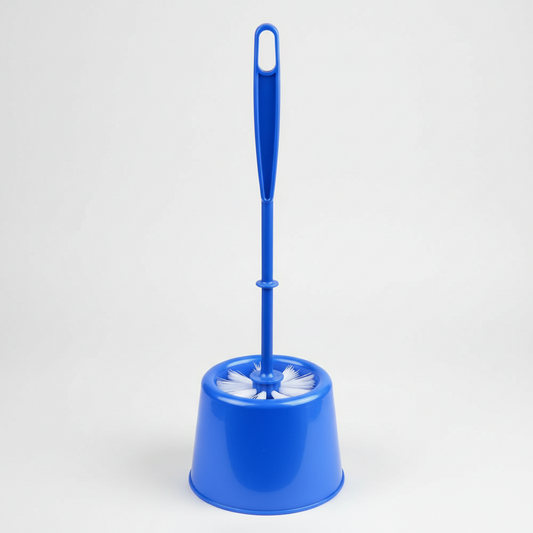 Blue toilet brush with holder on a white background