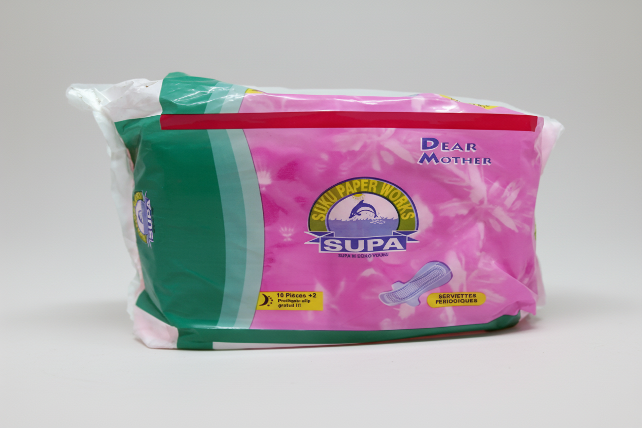 Package of Supa sanitary pads with pink and green design on a white background