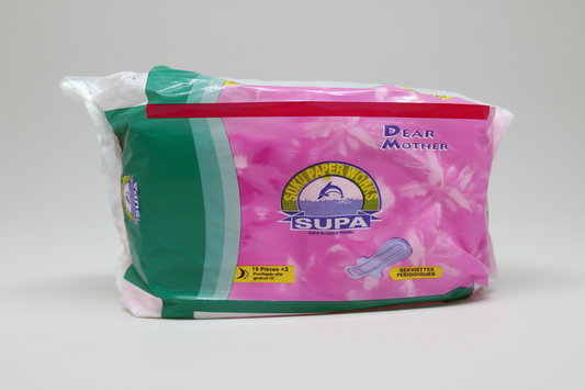 Package of Supa sanitary pads with pink and green design on a white background