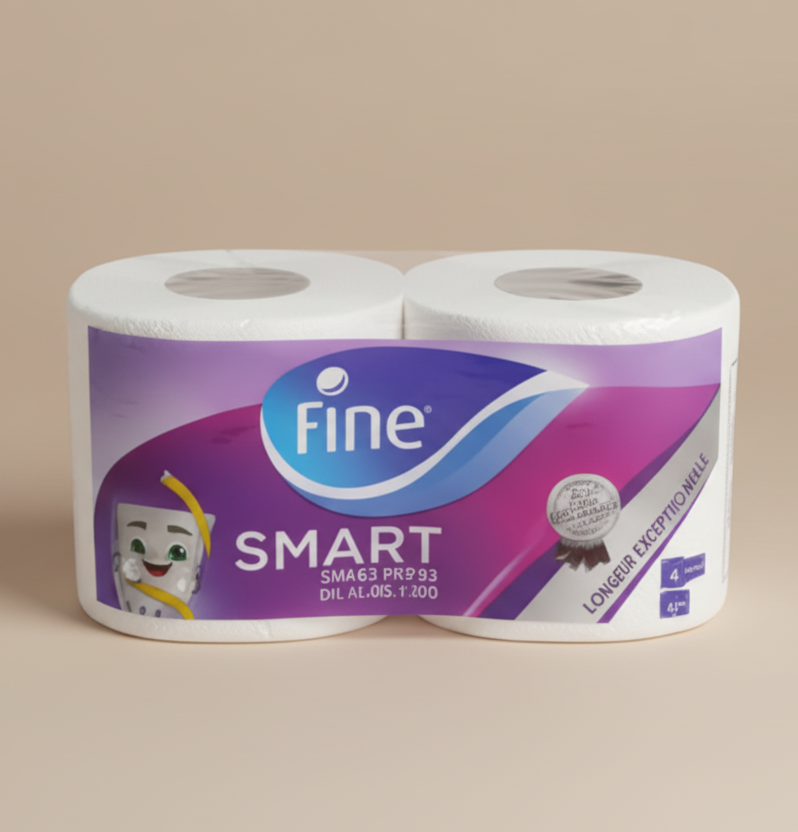 Two rolls of Fine Smart toilet paper on a gray background