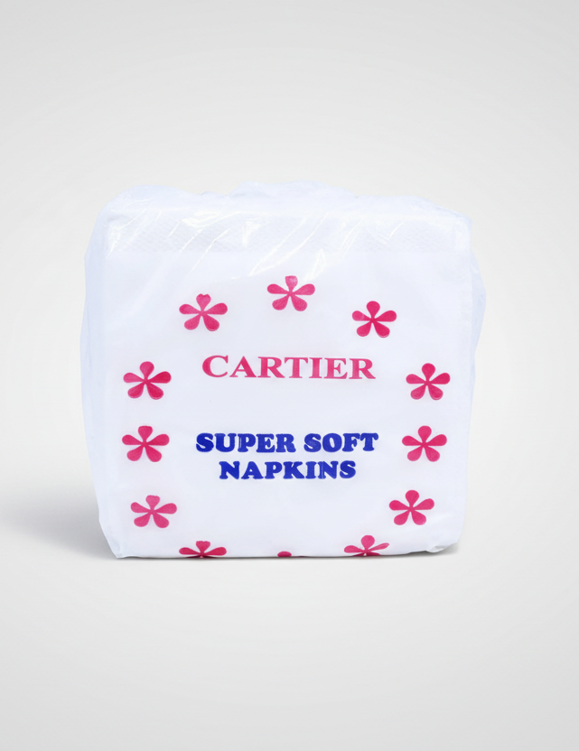 Cartier super soft napkins with pink flowers on a white background