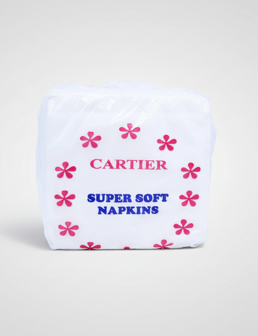 Cartier super soft napkins with pink flowers on a white background