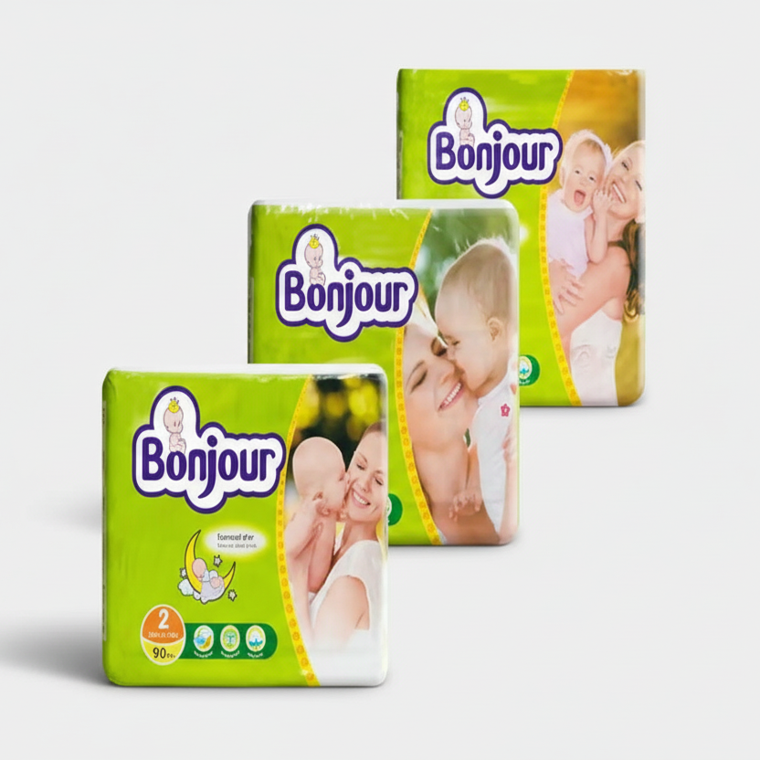 Three packages of Bonjour baby diapers on a white background