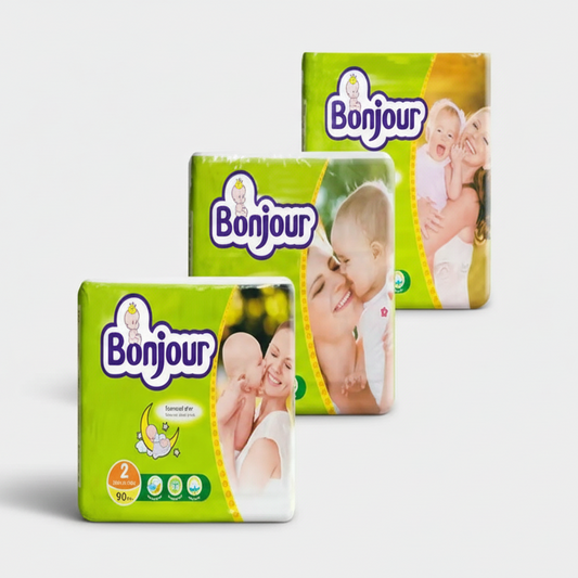 Three packages of Bonjour baby diapers on a white background