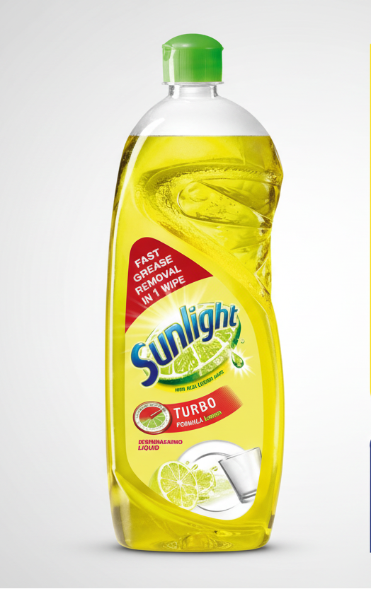 Sunlight lemon dishwashing liquid bottle with packaging details on a white background