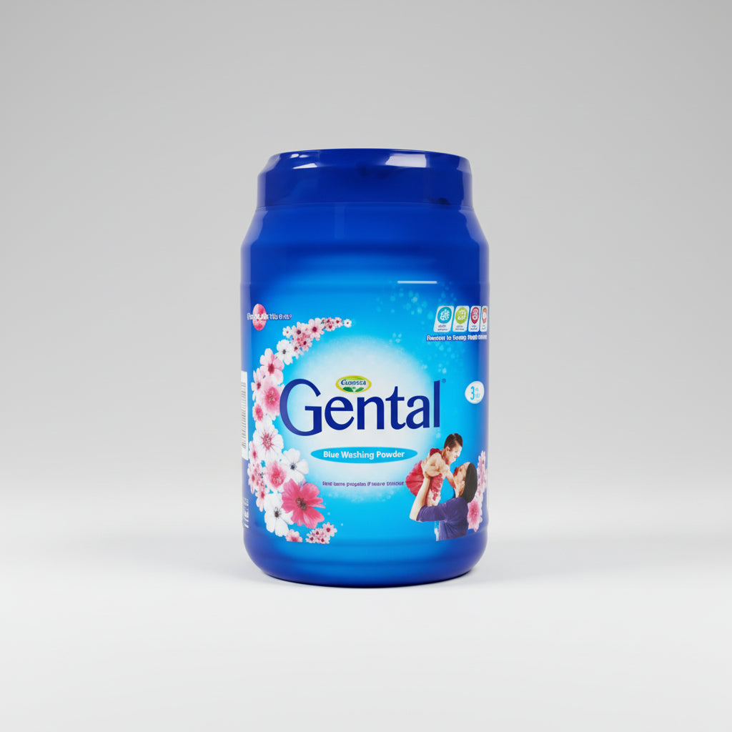 Gental product container with blue lid and colorful label