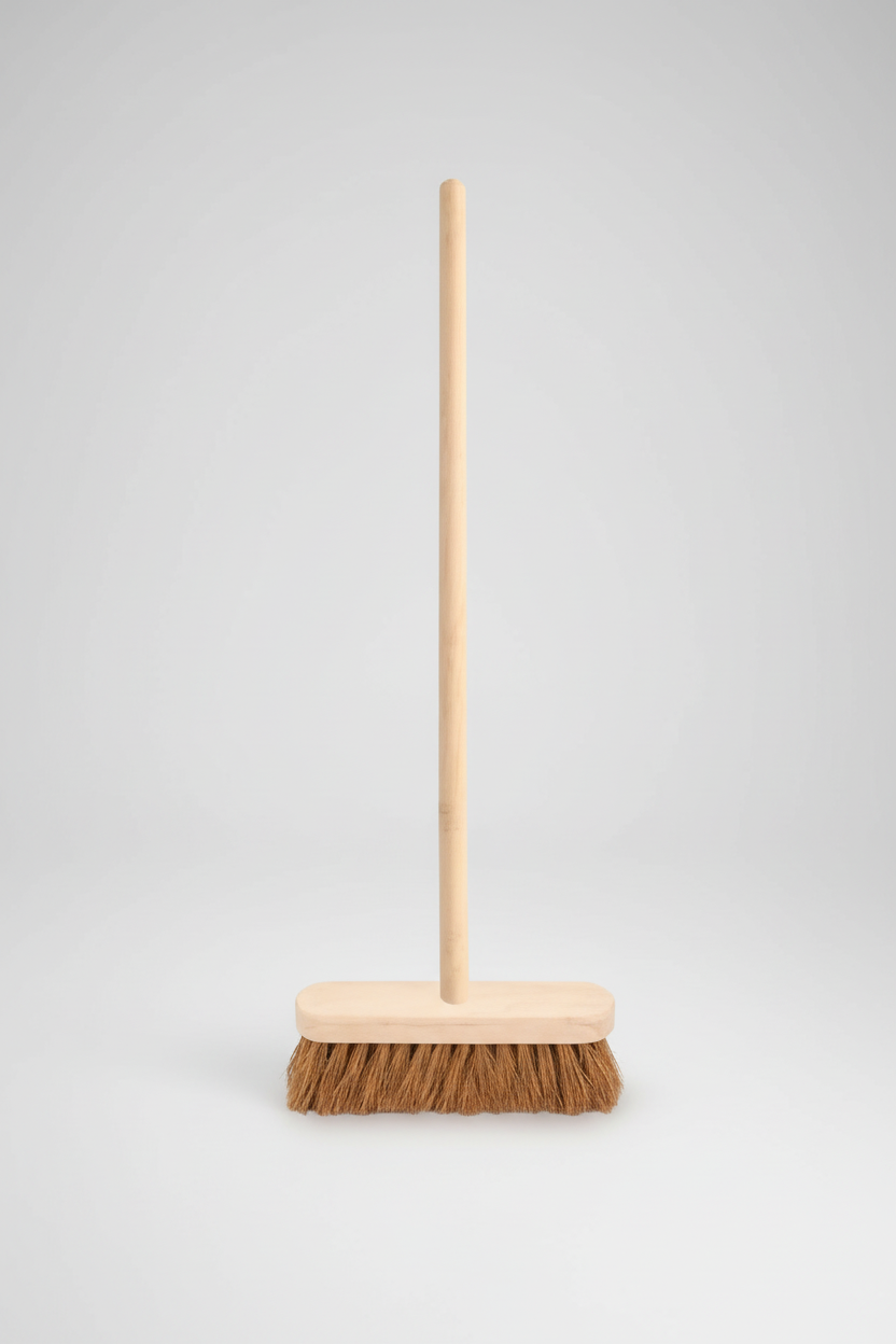 Broom with wooden handle and bristle head on a white background