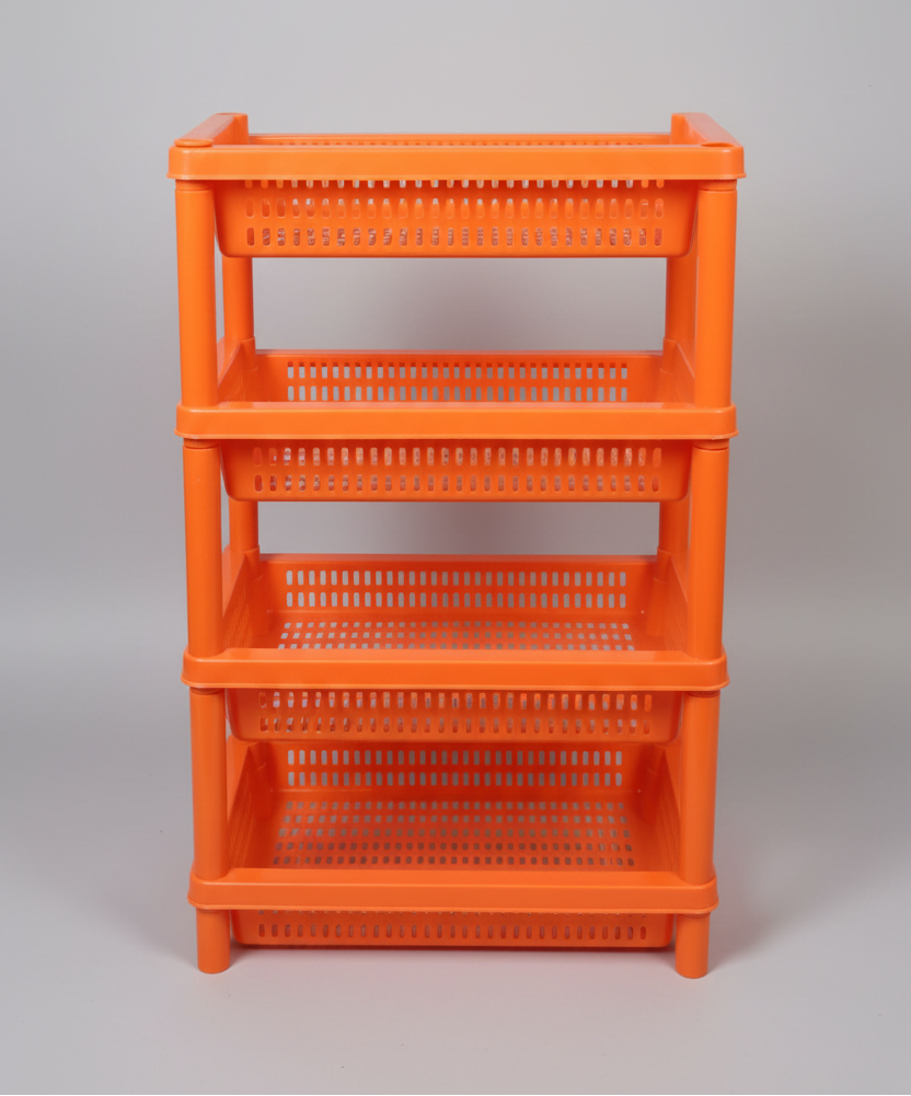 Orange plastic shelving unit with multiple shelves on a wooden floor.