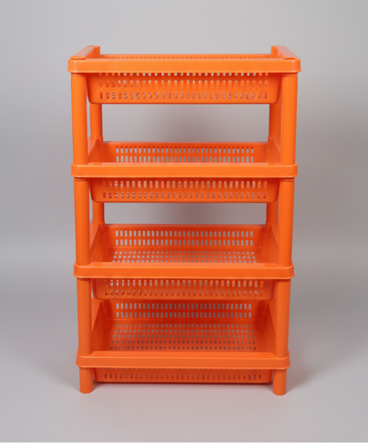 Orange plastic shelving unit with multiple shelves on a wooden floor.