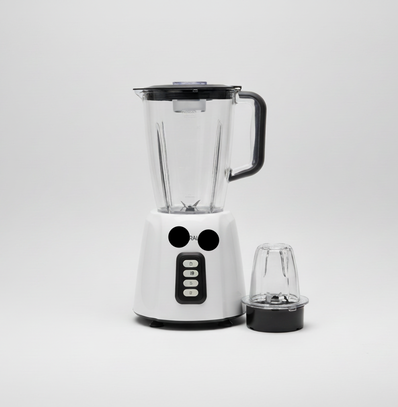 White blender with a black lid on a white background