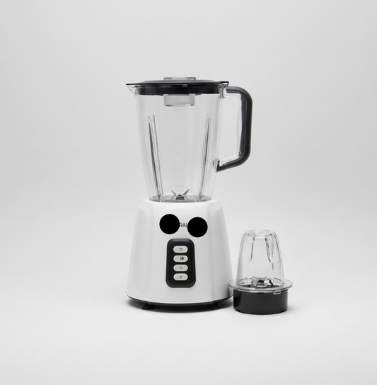 White blender with a black lid on a white background