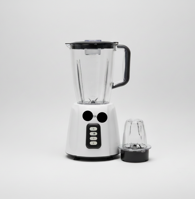 White blender with a black lid on a white background