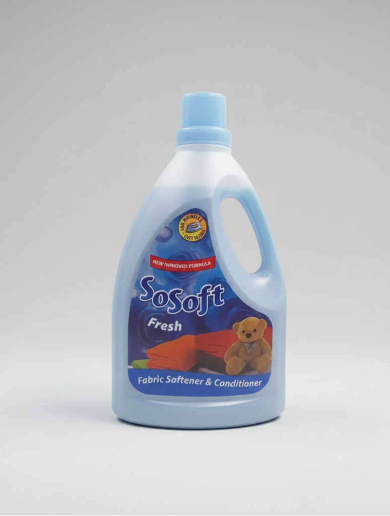 Bottle of SoSoft fabric softener on a white background